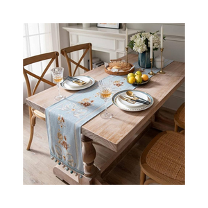 Ideal For Event Stylists 100% Cotton Ice Blue Colour Embroidered Tribal Table Runner 200 GSM 96Inch India Decor GOTS DHL Private - Product Image 1