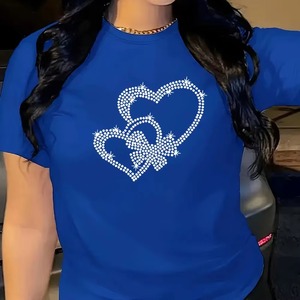 Camiseta de Algodón de Alta Calidad al por Mayor para Mujer, con Pedrería, Fabricantes OEM, Camisetas con Cuello Redondo Estampadas Personalizadas para Damas - Product Image 1