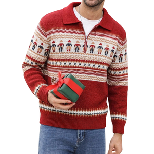 <b>Men's</b> Red Knit <b>Jumper</b> White Geometric Print Casual Autumn/<b>Winter</b> Anti-Pilling Polyester Zipper Closure Full Sleeve - Product Image 1