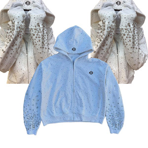 Sweat à capuche pour homme avec fermeture éclair et strass, entièrement orné de cristaux, streetwear, sweat à capuche oversize, fournisseur de mode, États-Unis - Product Image 2