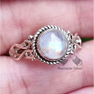 Rainbow Moonstone Sterling Silver <b>Ring</b> Handmade <b>Boho</b> Natural Gemstone Fine Jewelry Set Women's 9mm Bezel Setting Birthday - Product Image 3