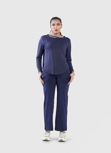 Camiseta informal de tendencia superior para mujer, camiseta azul holgada de manga larga con cuello redondo para mujer - Product Image 3