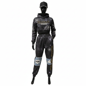 <b>Women</b> High Quality Polyester <b>Fleece</b> Tracksuit 280GSM Black Galaxy Print Denim Panel <b>Joggers</b> Custom Logo Set plus size Tracksuits - Product Image 6