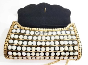 Handcrafted Brass and Mother of Pearl Evening <b>Clutch</b> <b>Bag</b> Designer Luxury Metal Shell Purse for Weddings & Parties - Product Image 3