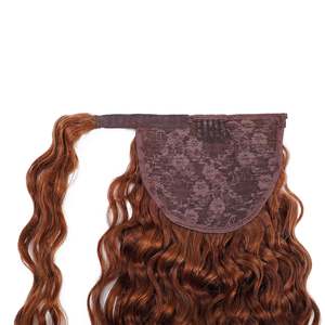 Queue de cheval bouclée à cordon de serrage en cheveux humains # 30 mèches de cheveux synthétiques bouclés afro style vague d'eau, couleur cuivre moyen - Product Image 2