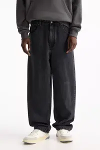 Men's Vintage Loose Fit Baggy Straight Denim Pants Lightweight Soft Wide Leg <b>Jeans</b> Stonewashed Solid <b>Elastic</b> Drawstring <b>Waist</b> - Product Image 3