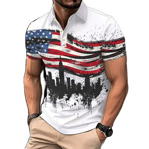 Chemise à manches courtes pour homme, imprimé drapeau américain et silhouette urbaine, décontractée, respirante, infroissable, en tricot Spandex/Nylon, avec poche, blanche - Product Image 6