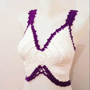 Crochet Crop, Bikini, Top Crop, Beach Wearing, Dark Purple y White, Festival Crop, Boho Crop, Daily Crop - Product Image 1