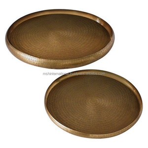 World Menagerie <b>Round</b> Antique Hand Hammered Metal <b>Serving</b> <b>Tray</b> With Copper Colar - Product Image 2