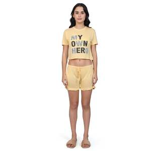 Conjunto de Pantalones Cortos Evolve para Mujer, Súper Suaves y Cómodos, 100% Algodón, con Camiseta de Cuello Redondo y Manga Corta, Bolsillos, Tela Jersey, Amarillo - Product Image 3