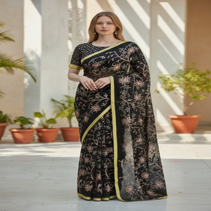 Sari indio negro de la mejor calidad, última moda, tela de chifón con bordado de motivos florales para uso casual. - Product Image 1