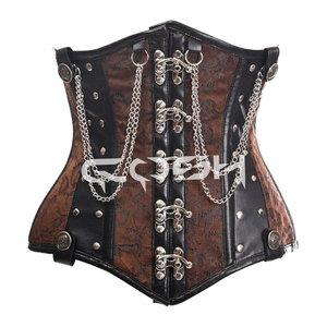 Corset steampunk en brocart marron avec panneaux en cuir - Product Image 4