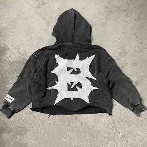 Pull à capuche court vintage délavé à l'acide pour homme Logo personnalisé brodé Patchwork en détresse 100% coton sans ficelles coupe printemps - Product Image 2