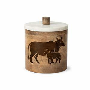Pot de rangement en bois avec sculpture de tête de vache et couvercle en marbre, design traditionnel indien, prix de gros, à vendre - Product Image 5