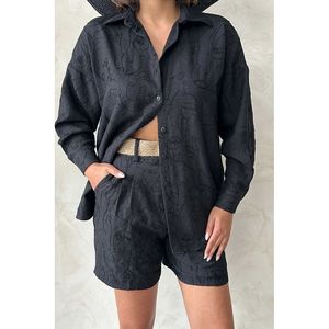 TOPSHOW Embroidered Linen Blend Shorts for Women - Black Cotton Polyester Casual Summer Wear - Product Image 3
