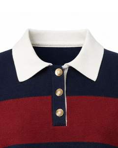 Customized <b>Womens</b> Navy Blue And Red <b>Striped</b> Cropped Polo Sweater <b>Long</b> <b>Sleeve</b> Ribbed Hem Button Placket Casual Winter Knit <b>Top</b> - Product Image 5