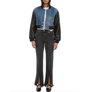 Veste universitaire en denim à manches en cuir pour femmes, tenue de ville, avec matériel fabriqué par OEM - Product Image 6