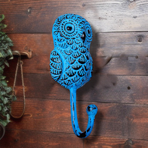 Manteau de mur de hibou artisanal en détresse bleu et crochets de chapeau matériel de fonte de cintre de porte-clés - Product Image 3