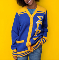 Vente en gros de cardigans décontractés pour femmes en tricot à col rond avec broderie Zeta Phi Beta, 100% polyester, automne, couleur unie, séchage rapide, haute qualité