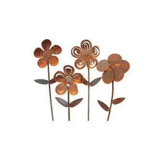 Estaca de bienvenida de flor oxidada de Metal para decoración de jardín para decoración al aire libre