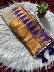 Sari de Seda Tussar Suave para Festivales con Tejido Zari y Atractivo Diseño de Templo, Fabricante de Moda Femenina en Venta - Product Image 4