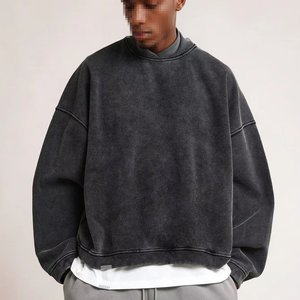 Sweat-shirt en coton French Terry délavé à l'acide, col rond, effet usé, sweat-shirts et sweats à capuche pour hommes de haute qualité - Product Image 4