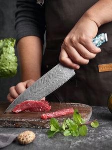 Venta al por mayor personalizado de alta calidad OEM ODM servicio profesional japonés Damasco acero cocina Chef cuchillo fijo hoja afilada - Product Image 6