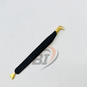 Stainless Steel Pointed Eyelash Extension Tweezers 90 Degree Heart Design Black With Gold Hand Tested Lash Tweezers - Product Image 2