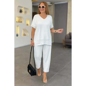 Ensemble deux pièces pour femme, chemisier à manches courtes et col en V en viscose à paillettes, pantalon, 34506 - Blanc - Product Image 2