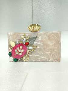 Handmade Women's Clutch Resin Fashion Magnetic Closure Cotton Lining Rhinestone <b>Button</b> Beaded Diamonds Pearl - Product Image 3