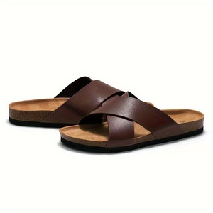 Custom Logo Men's Crossed Strap Cork <strong>Slides</strong> With PU Leather Uppers Open Toe Slip on <strong>Comfy</strong> Summer Beach <strong>Slides</strong> Slippers - Product Image 4