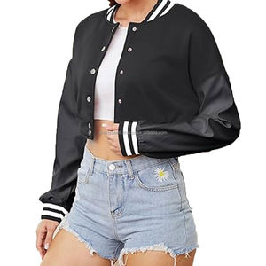 Chaqueta Corta Entallada Negra Estilo Letterman para Mujer con Bordado Personalizado, Forro de Nailon con Acabado Crudo - Servicio OEM al por Mayor - Product Image 1