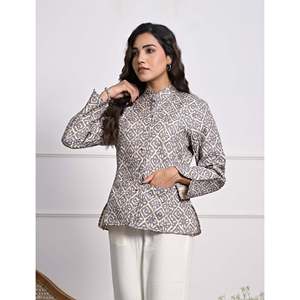 Silk Block Printed Reversible Winter Jacket with <b>Button</b> Decoration - Product Image 3
