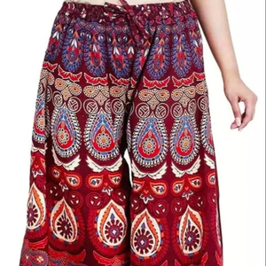 Nouveau Palazzos pour femmes coupe régulière multicolore pur coton pantalon évasé respirant élastique mi décontracté imprimé Design pour l'été - Product Image 1