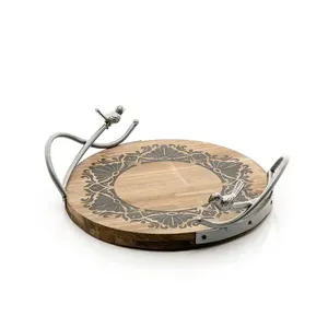 Plat de service en aluminium plaqué or avec gravure à la main Design Art Déco Vaisselle de fête de mariage Serveur de fruits fini argent - Product Image 2