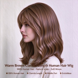 Perruque en cheveux humains brun chaud, ondulations douces, cuir chevelu naturel, raie au milieu, pour usage quotidien - Product Image 2