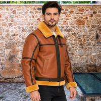 Blouson aviateur en cuir véritable et laine de mouton marron pour homme, coupe-vent, zippé, streetwear d'hiver, avec logo frontal