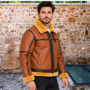 Brown <b>Sheepskin</b> Woolen Genuine Leather Aviator Bomber <b>Jacket</b> Men's Windproof Zip-Up Winter Streetwear Outerwear Front Logo - Product Image 4