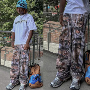 Unisex Camo Print Track Jogger <b>Trousers</b> Straight Sweatpants Oversized Baggy <b>Wide</b> <b>Leg</b> Drawstring Closure Woven Garment Dyed - Product Image 1