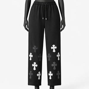 Pantalones Deportivos Negros Personalizados con Estampado de Cruz para Mujer, Cintura Elástica con Cordón, Pierna Recta, Diseño Gráfico, Venta al Por Mayor OEM - Product Image 1
