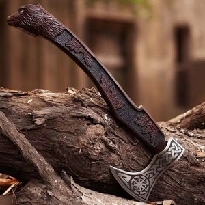 Acero de alto carbono Caza Hoja afilada Hacha vikinga Grabado hecho a mano Mango de madera Camping Caza Hacha de supervivencia. - Product Image 5