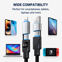 Câble de charge rapide PD 4-en-1 60W avec affichage LED de la puissance, USB C vers 8 broches Type-C, cordon multi-usage tressé en nylon pour iPhone Samsung