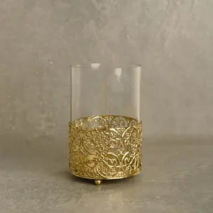 Support votif classique finition or antique Base en métal sculpté floral élégant en aluminium porte-bougie pour bocaux - Product Image 4