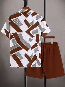 Conjunto de Ropa Casual de Dos Piezas para Hombre, Camisa de Manga Corta con Estampado Geométrico Abstracto y Pantalones Cortos con Cordón, Estilo Playero de Verano - Product Image 2