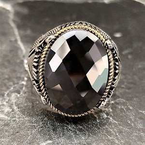 Anillo Vintage de Plata de Ley 925 Hecho a Mano para Hombre, con Zirconia Negra Ovalada, Engaste de Bisel Chapado en Oro de 14K, Joyería para Uso Diario - Product Image 2