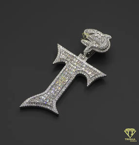 Baguette corte VVS Lab Grown Letter "T" colgante helado colgante personalizado alfabeto letra 925 plata esterlina Hip Hop colgante - Product Image 2