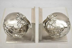 Restoration Hardware Industrial Modern Metal Spinning <b>World</b> <b>Globe</b> Bookends Heavy Duty Silver Desk Decor Pair - Product Image 4