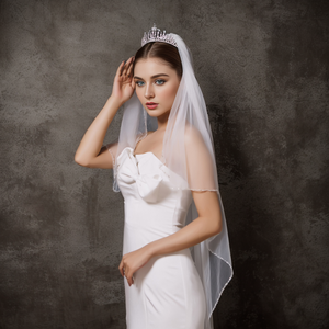 Bridella BV132-IY1.5 Luxury Ivory White Crystal Mesh Bead Edge <b>Veil</b> 1-Layer Wedding Party Decoration Pearl Lace Appliques Comb - Product Image 4