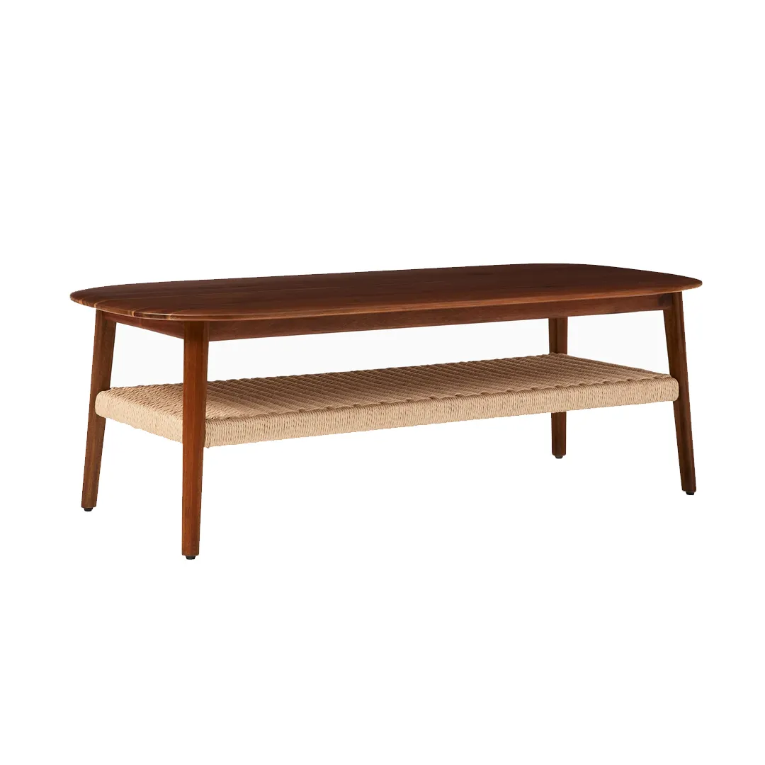 Table basse rectangulaire moderne en bois massif de teck Bords arrondis avec étagère tissée de rangement ouverte et pieds coniques