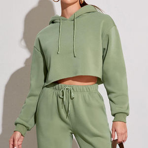 Gran oferta, suéter de alta calidad, Sudadera con capucha para mujer, sudaderas con capucha recortadas con cordón, sudaderas con capucha cortas teñidas de Color sólido al por mayor - Product Image 3